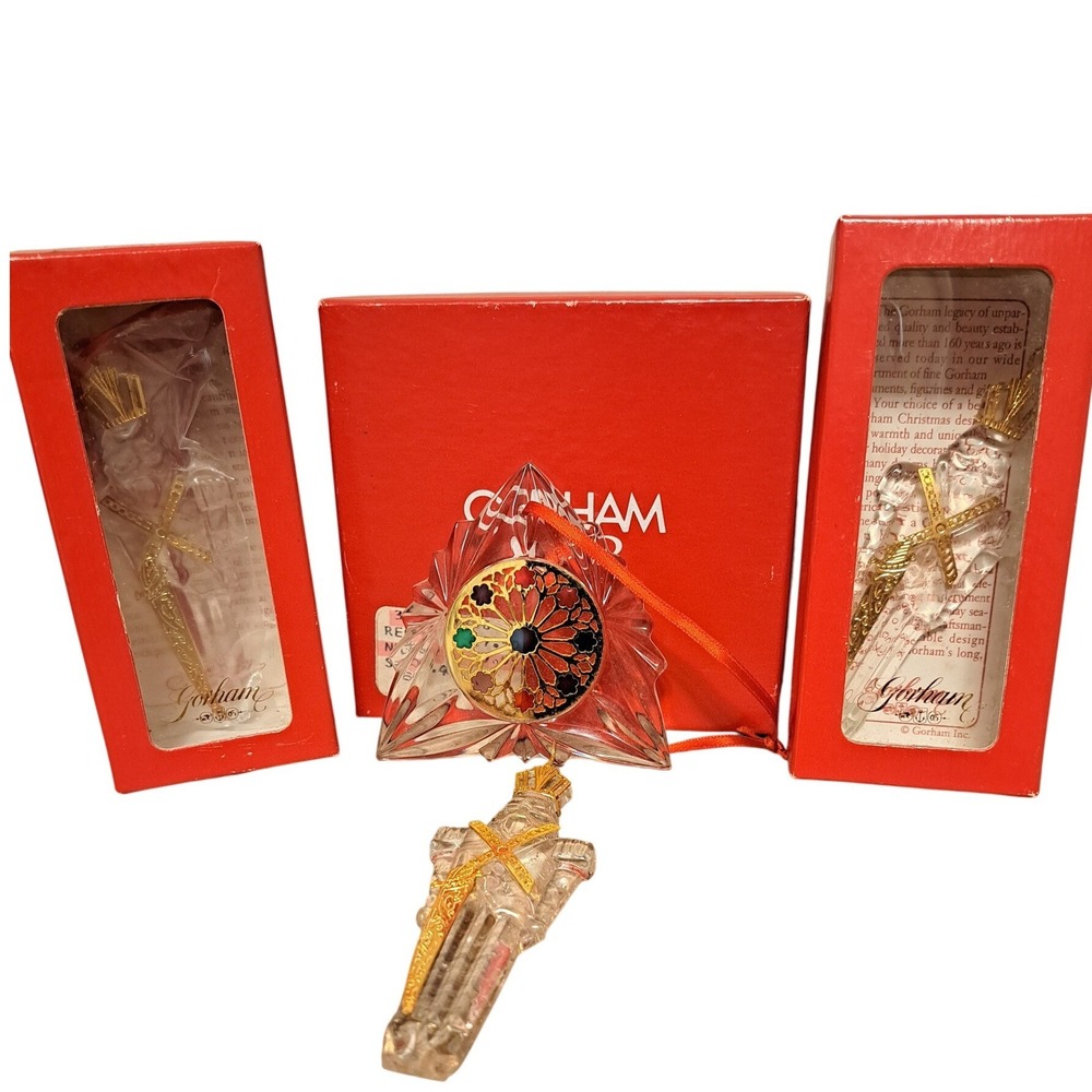 Vintage Gorham Crystal Ornament LOT of 4! Nutcracker and Rose Stained Glass